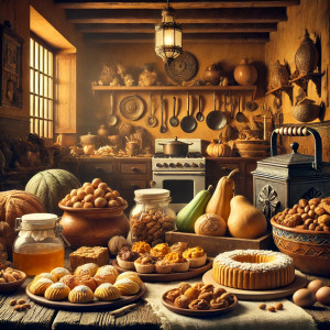 DALL·E 2024-08-31 17.39.32 - A traditional kitchen scene featuring a variety of historic and regional Spanish pastries and sweets from Orihuela, including items like tortas de cal